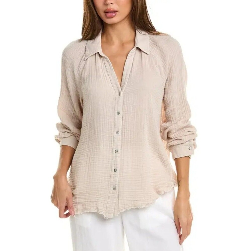 Michael Stars Toni 100% Cotton Gauze Button Up Shirt SMALL Fray Raw Hem V Neck